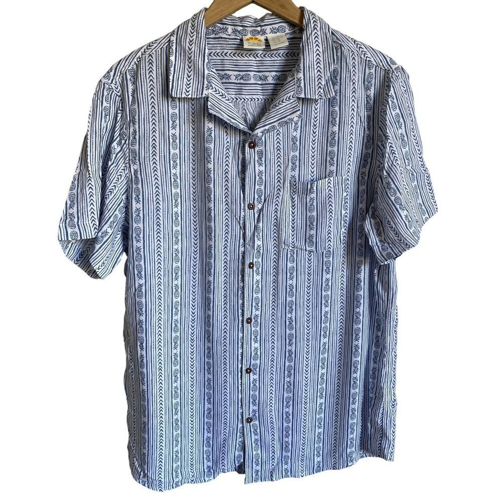 C&C California Blue White Striped Pineapple Hawaiian Tropical Button Up Collared